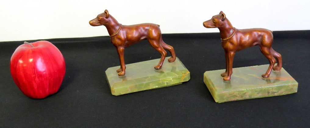 Deco Bronzed Doberman Pinscher Bookends Green Agate Marble Bases (1 of 7)