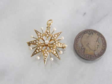 14kt Gold Star Pendant Brooch w/Pearls & Diamond