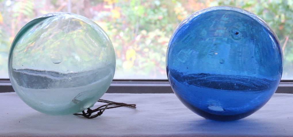 Two Free Blown 19th C. Witchballs - One in Cobalt!: Witch balls were used to ward off evil spirits in the 19th C., filled often with charms and various items believed to be useful in keeping the demon's at bay. Often suspended in window's which were be