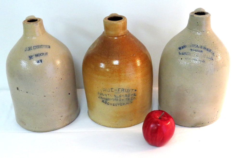A Trio of 19th C. Stoneware Merchant Jugs, Rondout, Albany, Rochester (1 of 8)