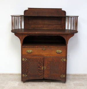 Victorian Oak Gallery Top Server / Bar: A Victorian oak server or possibly even a bar with the open gallery top, measuring 48" wide, 53" height at back and 20" depth. An old refinishing job, some repair/replacement work around the spindles