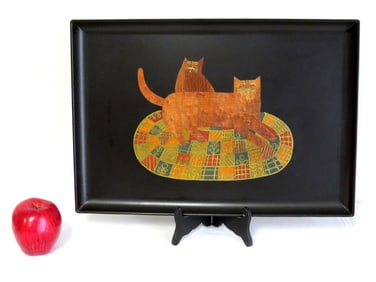 Mid-Century Couroc California 1960's Kitty Kat Inlaid Brass & Exotic Wood Tray