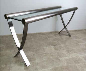 A Chrome, Brass & Glass Sculpted Console Table