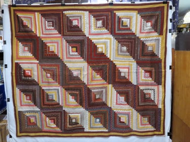 A 19th C. Hand Stitched Log Cabin Summer Quilt
