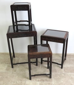 Set of 4 Asian Carved Nesting Teak Wood Tables