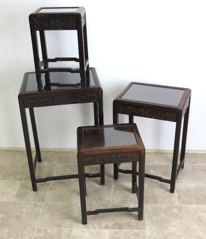 Set of 4 Asian Carved Nesting Teak Wood Tables (1 of 10)