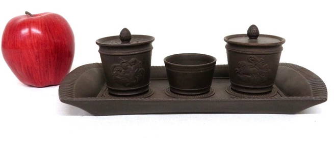 English Brown Basalt 19th C. Desktop 4pc Ink Set w/Tray (1 of 7)
