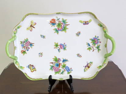 Herend Porcelain Hand Painted Tray: A Herend Hungary Queen Victoria Butterflies Porcelain Hand Painted Tray Measuring 18" x 11.5" in size, open handles, beautiful colors, perfect shape.