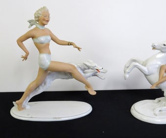 Lg. German Schaubach Kunst Deco Porcelain Woman w/Greyhound