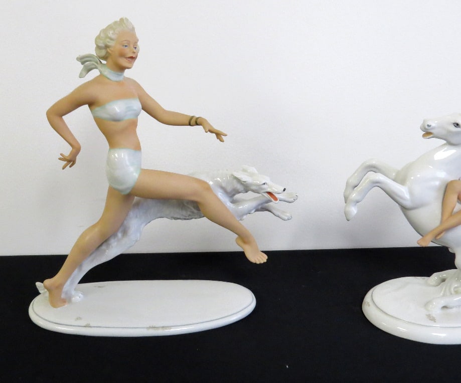 Lg. German Schaubach Kunst Deco Porcelain Woman w/Greyhound (1 of 6)