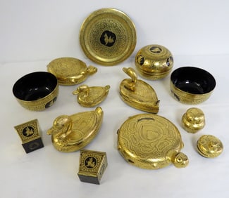 A Collection of Burmese Gold Lacquerware Turtles, Ducks, Birds