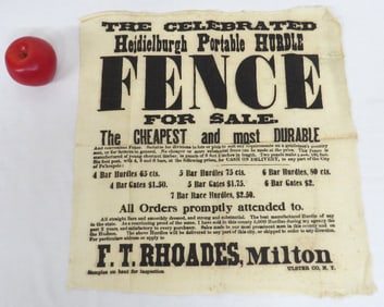 19th C. Milton NY Cloth Adv. Broadside Heidielburgh Fence