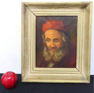 Jos Van Dijk (Dutch, 1913-2000), Canvas Portrait Of Bearded Elderly Man in Red Cap: One of five older male portrait paintings from the same estate, acquired in Europe in the early 1950's. This one depicting an elderly man with curly beard wearing a red cap. Primarily a landscape/naut