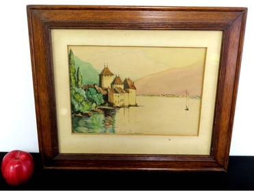 19th C. Oak Framed W/C Chateau' Du Chillon in Swiss Alps