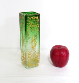 Art Nouveau Bohemian / Moser Green to Clear w/Gold Overlay Vase