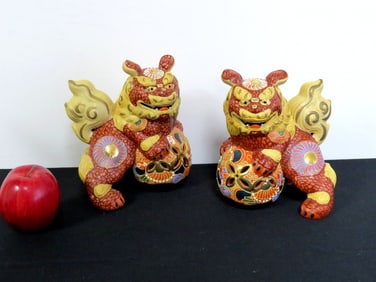 Pr. Of Vintage Chinese Foo Dog Statues Bright Colors
