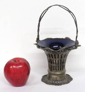 Mappin & Webb Sterling Silver & Cobalt Brides Basket: A lovely Mappin & Webb Sterling Silver Brides Basket with Original Cobalt Glass Liner, The mark of Birmingham and 1894 Date letter. Some tarnish, weight is 236 grams w/out basket. Stands 9.5" with han