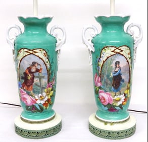 Two Lovely Porcelain Painted Table Lamps w/Shades