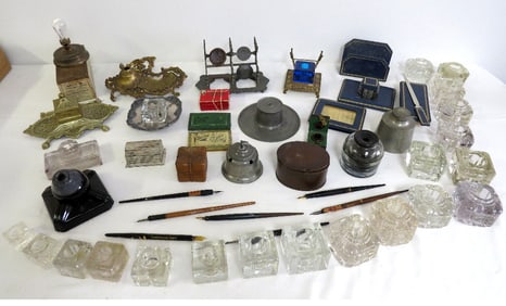 An Assortment of 19th & 20th C. Inkwells, Pens, Blotters & More.