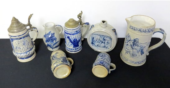 7pc Lot - Whites of Utica Blue & White Stoneware