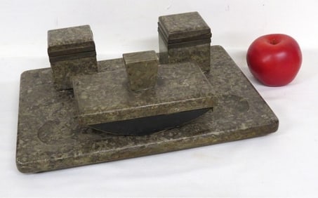 Marbled Green Granite 19th C. Desktop Ink Stand