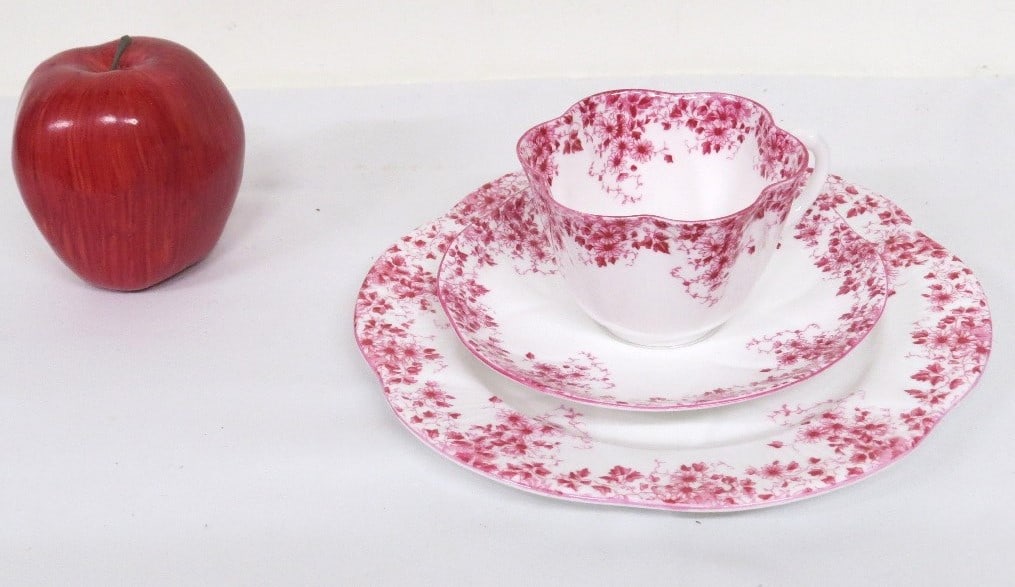 3pc Shelley Dainty Pink Bone China C&S w/Snack Plate: 3pc Shelley Bone China Dainty Pink pattern cup, saucer and snack under plate, no damage. What an exceptional gift this would make for the holidays, delicate, beautiful.