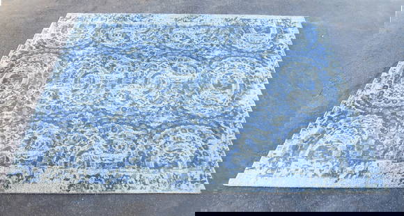 100% Wool Kaleen Bosworth Kirman in Blue 12' x 9'2": A post-modern 100% wool Kaleen Indian Kirman in primarily blue patterning, measuring 144" x 110" in size.