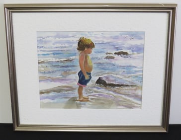 A Watercolor of a Little Boy At The Beach Signed K. Sheer