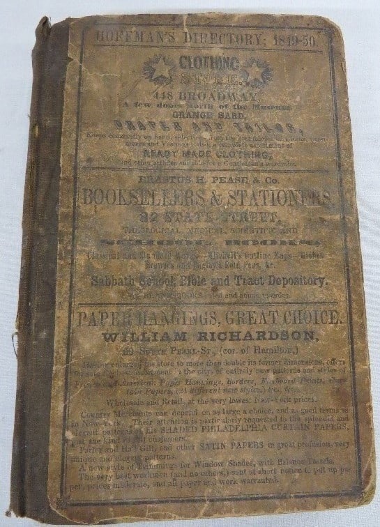 Hoffman's Albany, NY Directory for 1849-50: Hoffman's Albany, NY Directory for 1849-50, 409pgs in length with 48pgs of advertising in the back! Measures 4.75" x 7.25" in size. Toning to covers, loose bindings, interior foxing but very readable