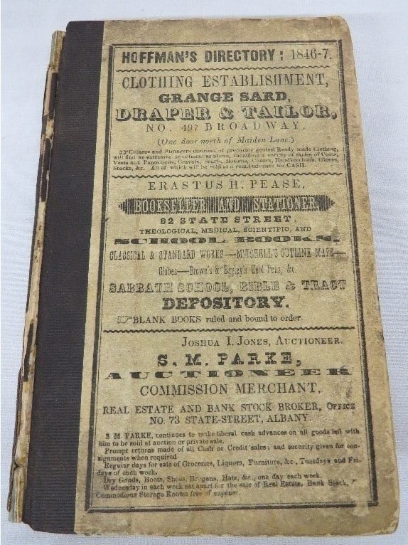 Hoffman's Albany Directory & City Register 1846-47: Hoffman's Albany Directory & City Register for 1846-47, with 330pgs, measuring 4.75" x 7.5" in size. Loose covers/binding, light foxing, but very readable, full of advertisements, residential & busine