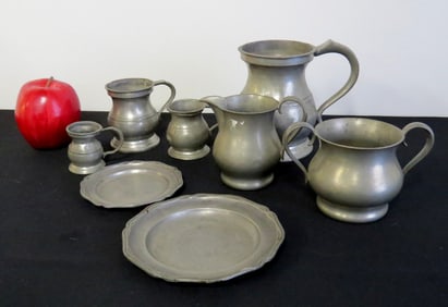 Group of Early Pewter Measures, Plates, etc.