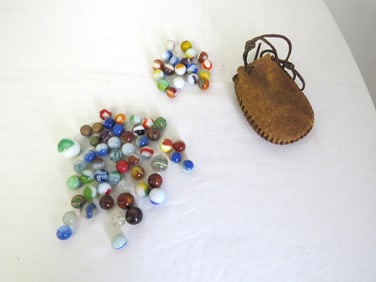 Grouping of Early Glass Marbles w/Leather Cinch Bag