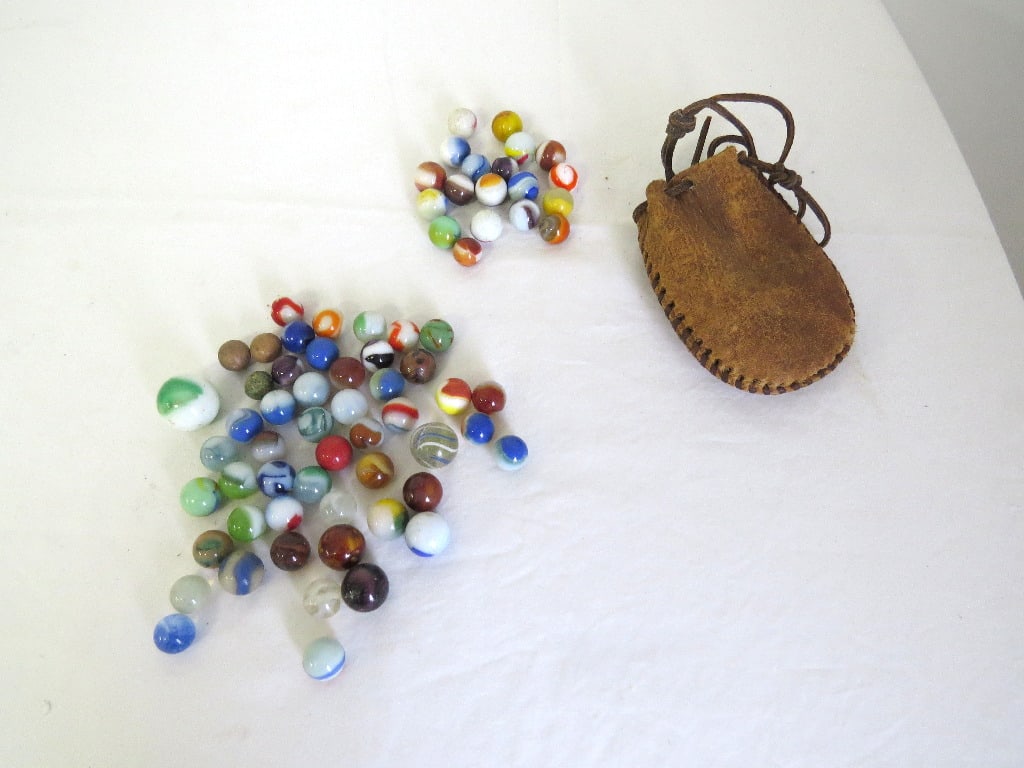 Grouping of Early Glass Marbles w/Leather Cinch Bag (1 of 5)