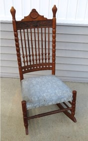 19th C. Sausage Turned Pressed Oak Rocker Northwind Face