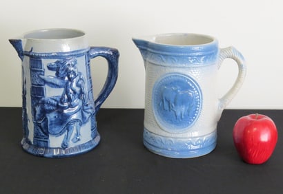 Two 19th C. Stoneware Blue & White Pitchers by Hull & Robinson Clay
