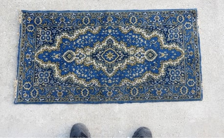 An Antique Blue Wool Serapi or Lahore Throw Rug