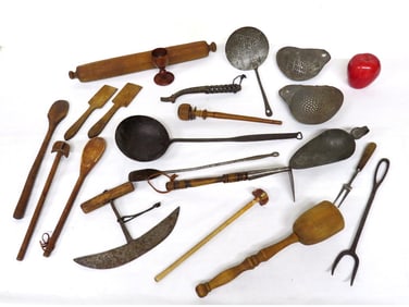 A Table Lot of 19th C. Treenware, Iron & Tinware