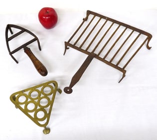 Three 19th C. Fireplace Trivets in Brass & Wrought Iron