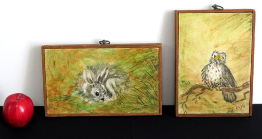 Pair Oil on Canvas of Eaglet and Rabbit