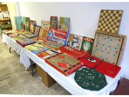A Ginormous Mid-Century Vintage Game Lot: All from one estate, two tables full of bright & colorful mix of board games, science kits, game boards & more. Some found in an upstairs closet, some up in the attic. Completeness unknown, all 1950's