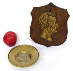 Early 20th C. Cast Iron Bust of Lincoln Plaque & Mt. Rushmore Souv Plate