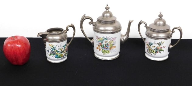 3pc Set 1880's S/P On Copper Porcelain Enamel Tea Set
