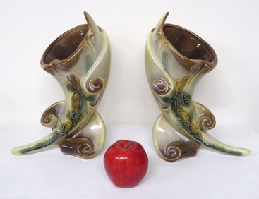Matching Pair Hull Pottery Parchment & Pine Vases