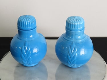 A Pair of Atterbury Glass Co. Blue Slag Glass Powder / Cosmetic Jars 1886 Patent