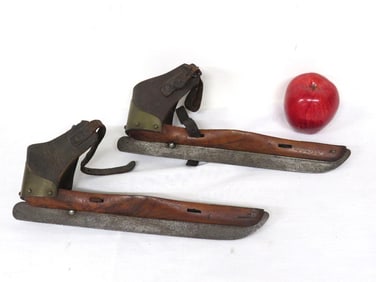 19th C. Wooden Ice Skates Orig Leather Uppers, Brass Fittings & Iron Blades