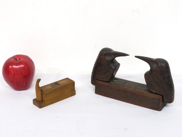 Two Carved Wooden Puzzle Boxes Incl. Antique American Hand Plane