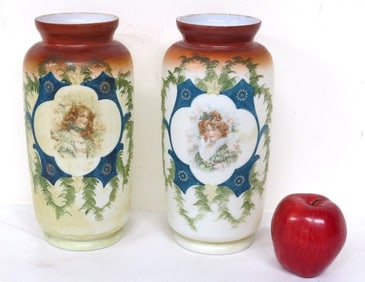 2 Victorian Bristol Glass Portrait Vases 19th C.