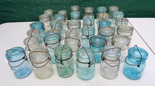 A Lot of 34 Pint Sized Bail Fruit Jars - Colors, Diff Names, Etc.