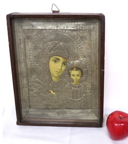 A Cased Russian Religious Icon of Mary with Child
