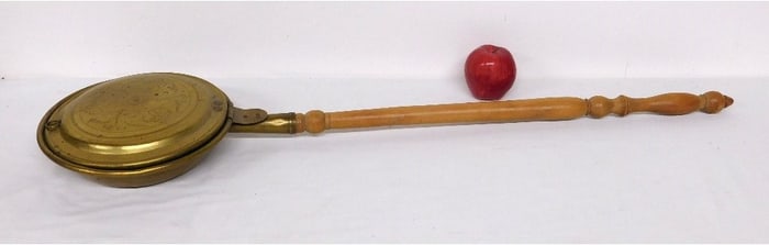 A 19th C. Spun Brass Bed Warmer w/Carved Maple Handle